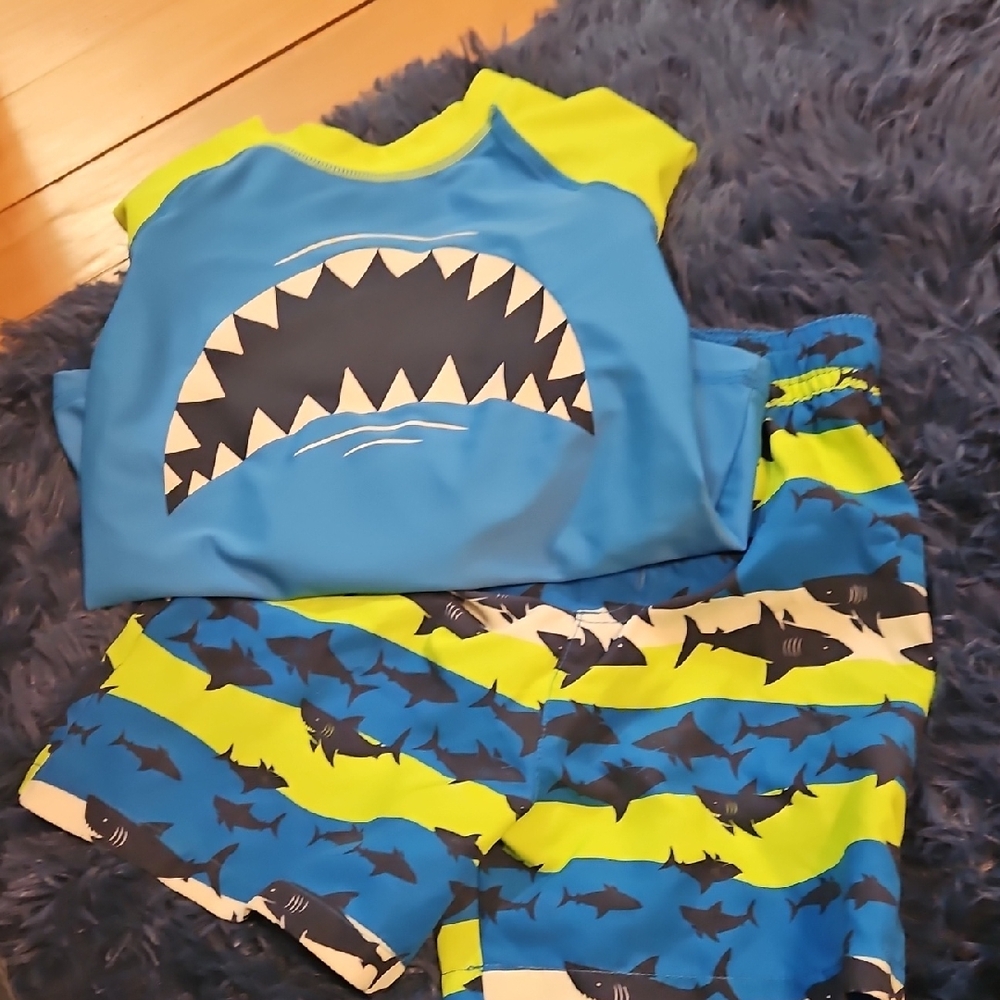 Jumping Beans Blue and Green Shark Rashguard Set